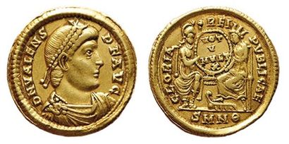 null VALENS.
 SOLIDUS. 367-375. R/ GLORIA REIPUBLICAE. Rome assise de face, et Constantinople...