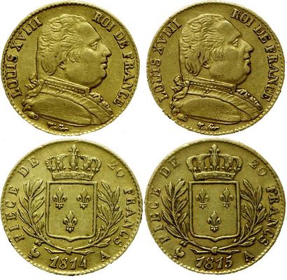 null LOUIS XVIII. 
2 monnaies : 20 Francs 1814 A et 1815 A. (Coll. JMA). TB+