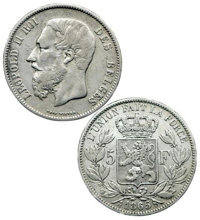 null BELGIQUE.
Léopold II. 5 Francs. 1865. Km.19.24. Assez rare. TB+