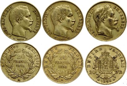 null NAPOLEON III.
3 pièces de 20 Francs dates diverses (1 x Lauré, 2 x Tête nue)....