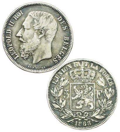 null BELGIQUE.
Léopold II. 5 Francs. 1868. Position Tr.B. Km.24. Assez rare. TB+...