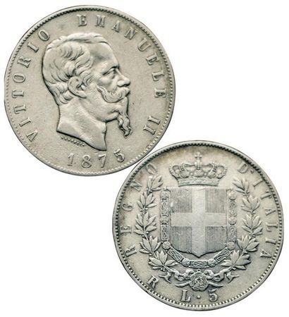 null ITALIE.
Victor Emmanuel II. 5 Lire. 1875 R. Rome. Petit R. Mir.1082w. Rare....