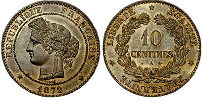 null IIIème REPUBLIQUE.
10 Centimes Cérès. 1872 A. Paris. F.135/8. SUP à SPL