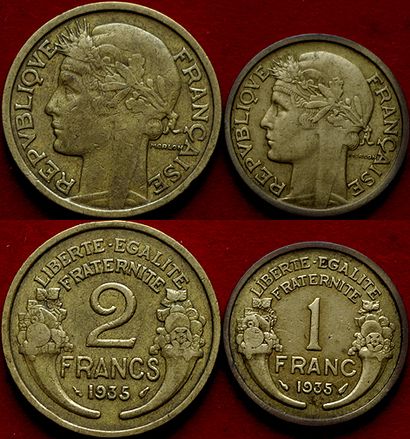 null IIIème REPUBLIQUE.
2 monnaies : 1 Franc Morlon 1935 et 2 Francs Morlon 1935....