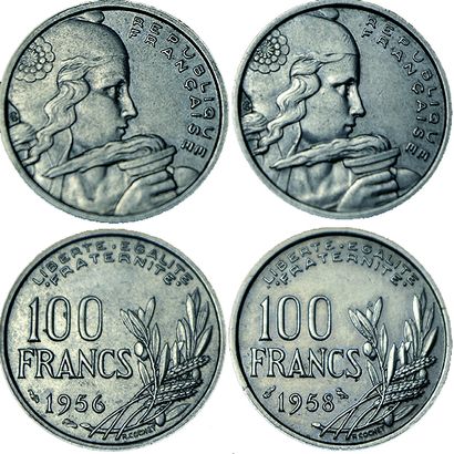 null IVème REPUBLIQUE.
2 monnaies : 100 Francs Cochet. 1956 et 1958 Chouette. qS...