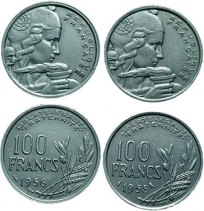 null IVème REPUBLIQUE.
2 monnaies : 100 Francs Cochet. 1956 et 1958 Chouette. qSUP...