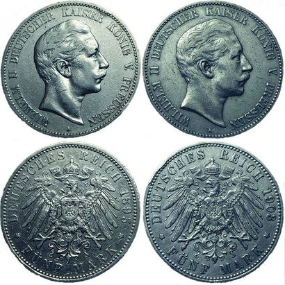 null ETATS GERMANIQUES.
Prusse. 2 monnaies : 5 Mark 1895 et 1903 A. TTB