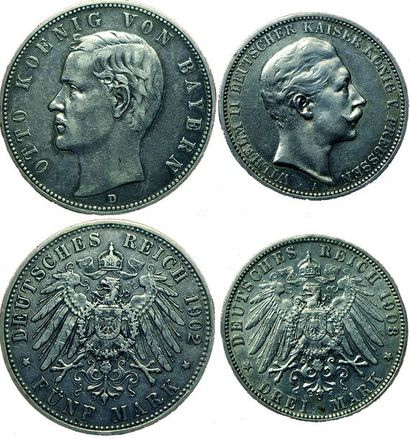 null ETATS GERMANIQUES.
Prusse et Bavière. 2 monnaies : Prusse 3 Mark 1908 A et Bavière...
