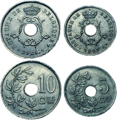 null BELGIQUE.
2 monnaies de petits tirages : 5 Centimes 1901 et 10 Centimes 1901....