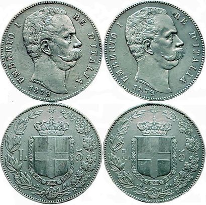 null ITALIE.
2 monnaies : 5 Lire 1879 R (2 ex.). TB et TTB
