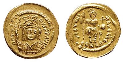 null JUSTIN 1er.
 SOLIDUS. 518-527. R/ VICTORIA AUGGG + Theta. Constantinople assise...