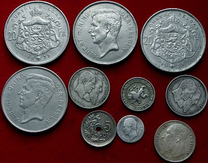 null BELGIQUE. 
Lot de 10 monnaies dont 4 en argent : 5 Frs 1931 (BELGES), 5 Frs...