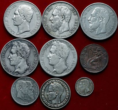 null BELGIQUE.
Lot de 9 monnaies dont 8 en argent : 5 Francs 1833 (TB), 1848 (TTB),...