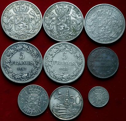 null BELGIQUE.
Lot de 9 monnaies dont 8 en argent : 5 Francs 1833 (TB), 1848 (TTB),...