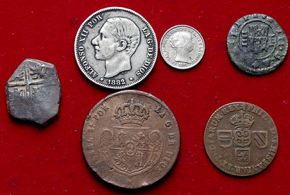 null ESPAGNE.
Lot de 6 monnaies : 4 maravedis 1619, Philippe IV 2 Reales , ½ Real...