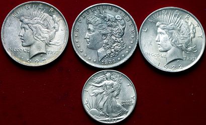 null USA.
Lot de 4 monnaies : Morgan Dollar 1883 O (SUP), Liberty Dollar 1922 , 1923,...