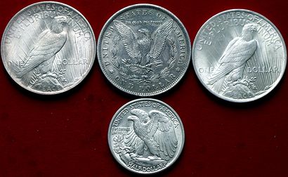 null USA.
Lot de 4 monnaies : Morgan Dollar 1883 O (SUP), Liberty Dollar 1922 , 1923,...