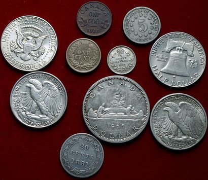 null USA/CANADA.
Lot de 9 monnaies dont 7 en argent : USA Demi Dollar 1942, 1943,...