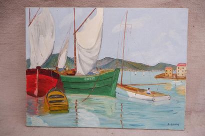 null S. ALLIARQ (XXe siècle). Départ pour la pêche. Acrylique sur toile signée en...