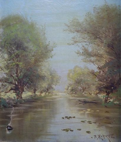 null Paul Louis MORIZET (1850-?). Paysage de rivière. 
Huile sur toile signée en...