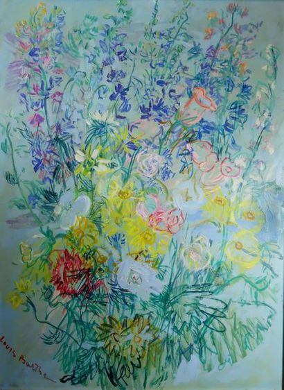 null Louis BARTHE (XXe siècle). "Fleur fond bleu n°38", 1958. Huile sur isorel signé...