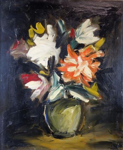 null Pierre LACROIX (1912-1994). Nature morte au vase fleuri sur fond noir. Huile...