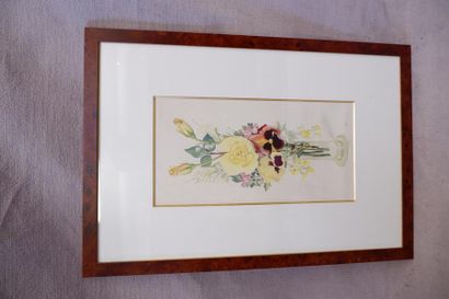 null Jeanne Emma PLAUZEAU (1903 - ?). Bouquet aux roses jaunes. Gouache signée en...