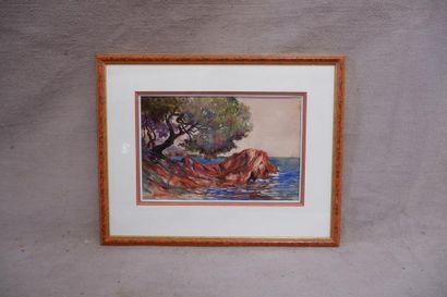 null LAMARE. La côte de granit rose. Gouache signée en bas à gauche. 27 x 41 cm