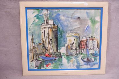 null Antoinette-Gabrielle BONNET (1907-1978). Le port de La Rochelle. Technique mixte...