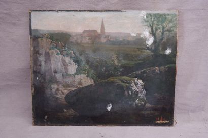 null AID (XIXe-XXe siècles). Paysage aux rochers, en forêt de Fontainebleau. Huile...