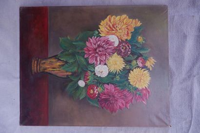 null P. COLANS (XXe siècle). Bouquet de chrysanthèmes, 1958. Huile sur toile signée...