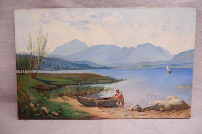 null A. HERVE (XXe siècle). Barque sur un lac de montagne. Huile sur toile signée...