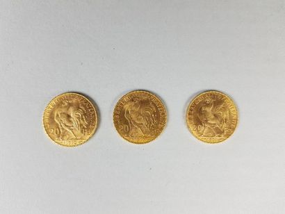 null Lot de trois pièces de vingt francs or Coq de Chaplain, 1908, 1910, 1912.