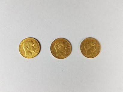 null Lot de trois pièces de vingt francs or Napoléon III non lauré, 1854, 1858, ...