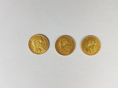 null Lot de trois pièces de vingt francs or Napoléon III non lauré, 1856, 1858, ...