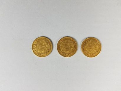 null Lot de trois pièces de vingt francs or Napoléon III non lauré, 1856, 1858, ...