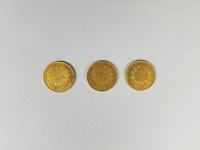 null Lot de trois pièces de vingt francs or Napoléon III non lauré, 1854, 1857, ...