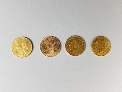 null Lot de quatre pièces de vingt francs or : une Cérès, 1851 ; un Napoléon III...