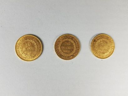 null Lot de trois pièces de vingt francs or Génie de la troisième république, 1895,...