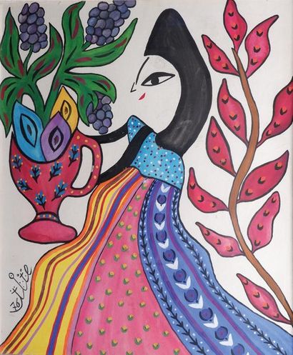 null Mahieddine BAYA (1931-1998)
"Femme aux fleurs", 1976
Gouache sur papier
65 x...