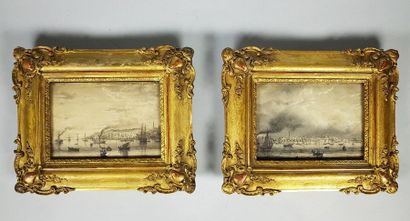 null Ecole française du XIXe siècle
Deux vues de ports animés de bateaux. 
Encre...