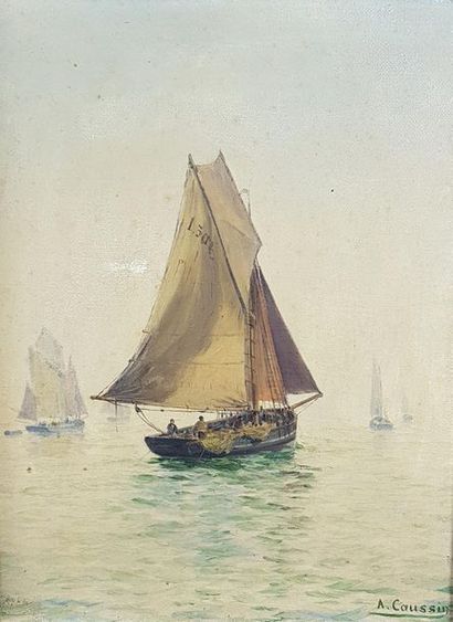 null Albert CAUSSIN (XIX-XXe siècle) 
Départ de pêche.
Huile sur toile signée en...