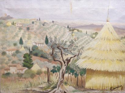 null Etienne CHEVALIER (1910-1982) 
Paysage de toscane.
Huile sur toile (manques)...
