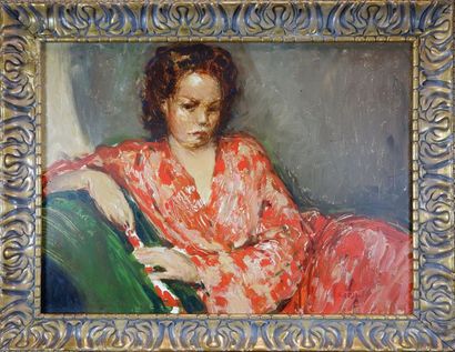 null SADJI (SHA Qi) (1914-2005) 
Femme à la robe rouge. 
Huile sur isorel signé en...