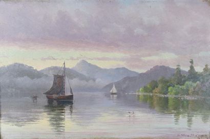 null Ernest DRAKE (XIX-XXe siècles) 
Les bateaux sur la rivière Pelorus, 1899. 
Huile...