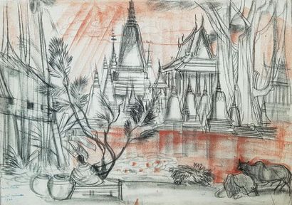 null André MAIRE (1898-1984)
Phnom Penh, 1950.
Fusain et sanguine signée, datée et...