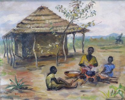 null Marthe BLONDIAU (1903-?) 
Village de Kole, Congo, 1936. 
Huile sur toile signée...