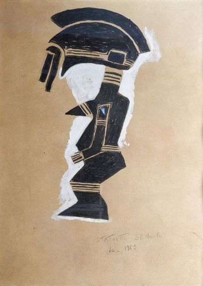 null Ecole du XXe siècle
"Statuette Senoufo", 1965.
Crayon gras rehaussé, monogrammé...