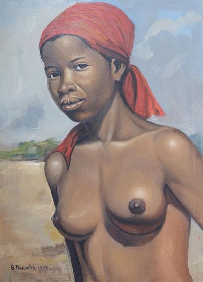 null S. MAWAKA (XXe siècle)
Portrait de femme aux seins nus et fichu rouge, 1969.
Huile...