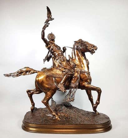 null Pierre-Jules MÈNE (1810-1879) 
Le fauconnier arabe à cheval.
Epreuve en bronze...